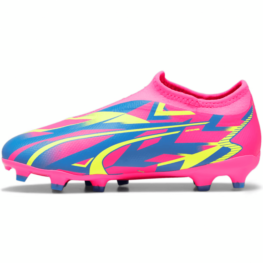 Puma Junior Laceless Ultra Match FG/MG Firm Ground Soccer Shoes - Pink- Yellow Alert - Ultra Blue