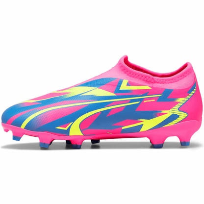 Puma Junior Laceless Ultra Match FG/MG Firm Ground Soccer Shoes - Pink- Yellow Alert - Ultra Blue