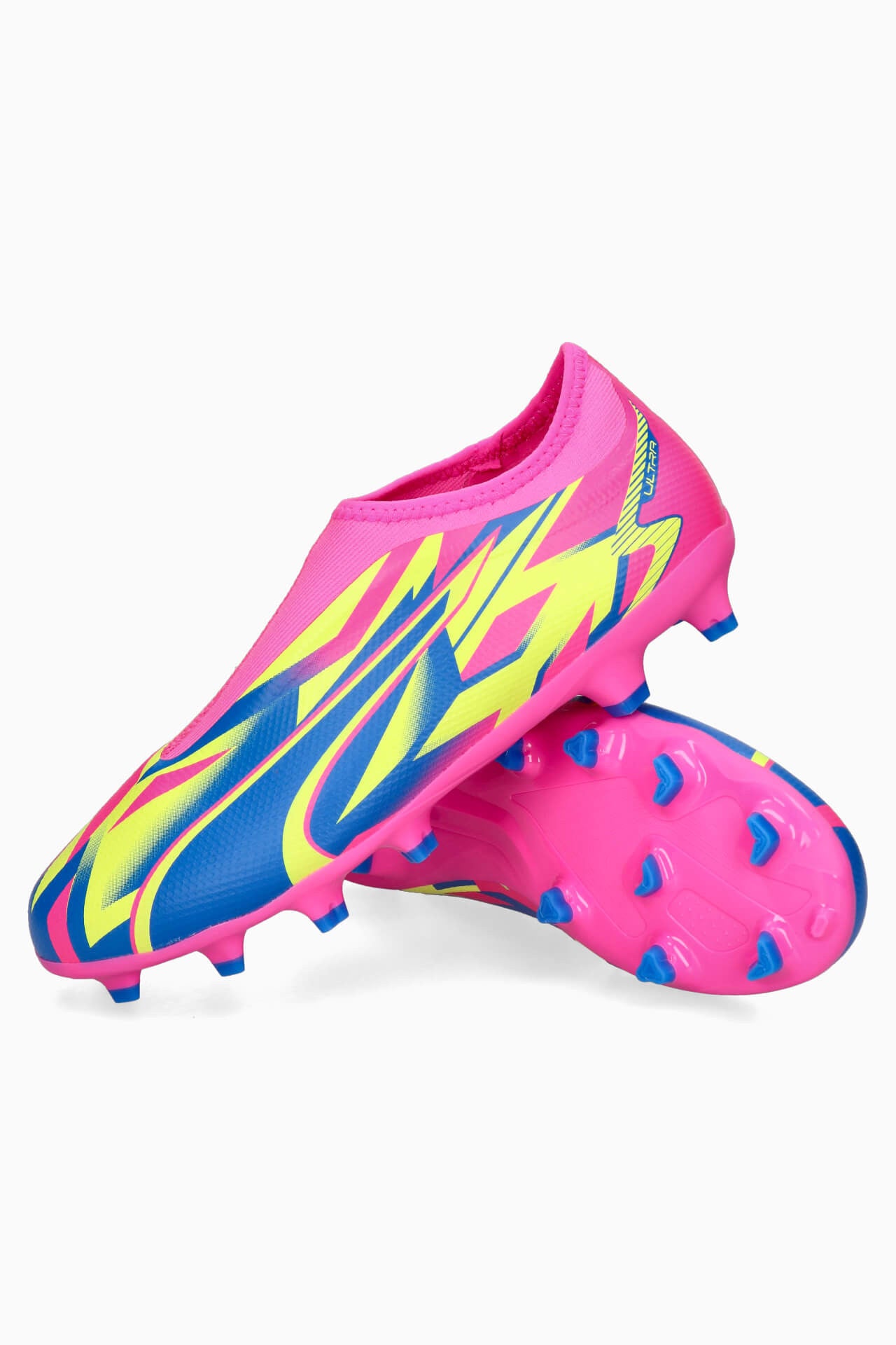 Puma Junior Laceless Ultra Match FG/MG Firm Ground Soccer Shoes - Pink- Yellow Alert - Ultra Blue