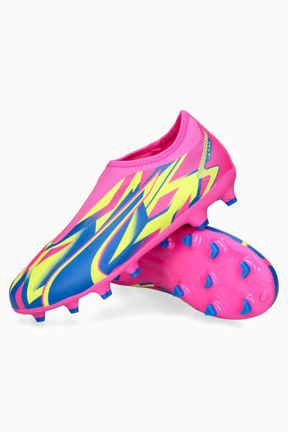 Puma Junior Laceless Ultra Match FG/MG Firm Ground Soccer Shoes - Pink- Yellow Alert - Ultra Blue