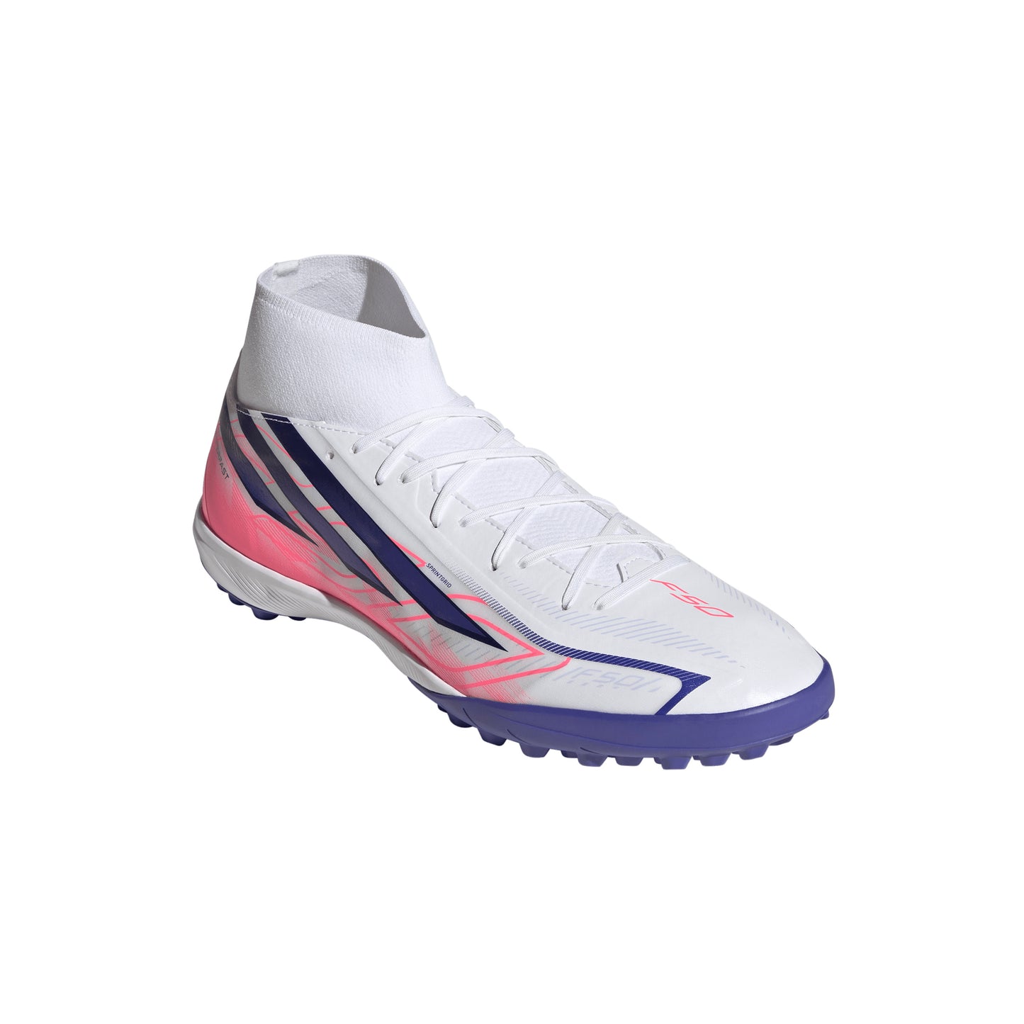 adidas F50 Hyperfast League Mid TF Turf Soccer Shoes - Ftwr White/Solar Purple/Solar Turbo