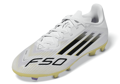 adidas Junior F50 League FG Firm Ground Cleats- Ftwr White/Core Black/Gold Met