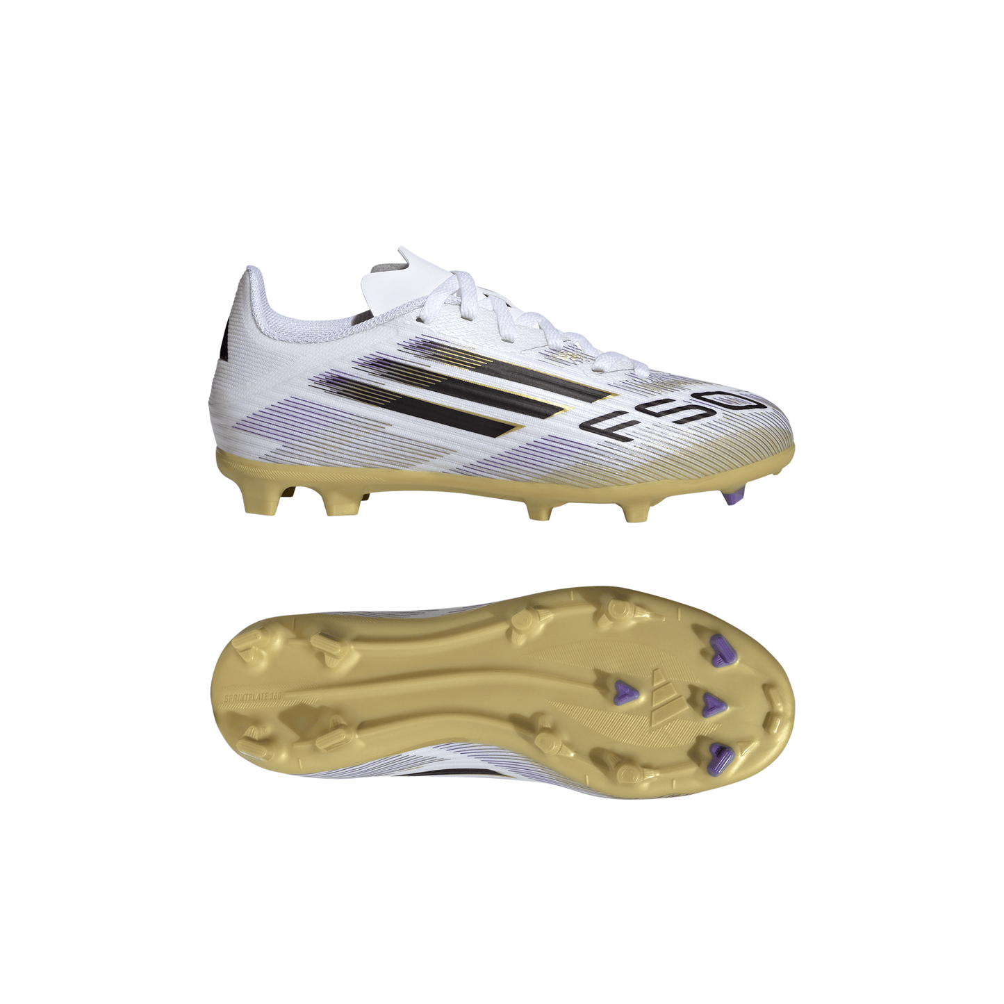 adidas Junior F50 League FG Firm Ground Cleats- Ftwr White/Core Black/Gold Met