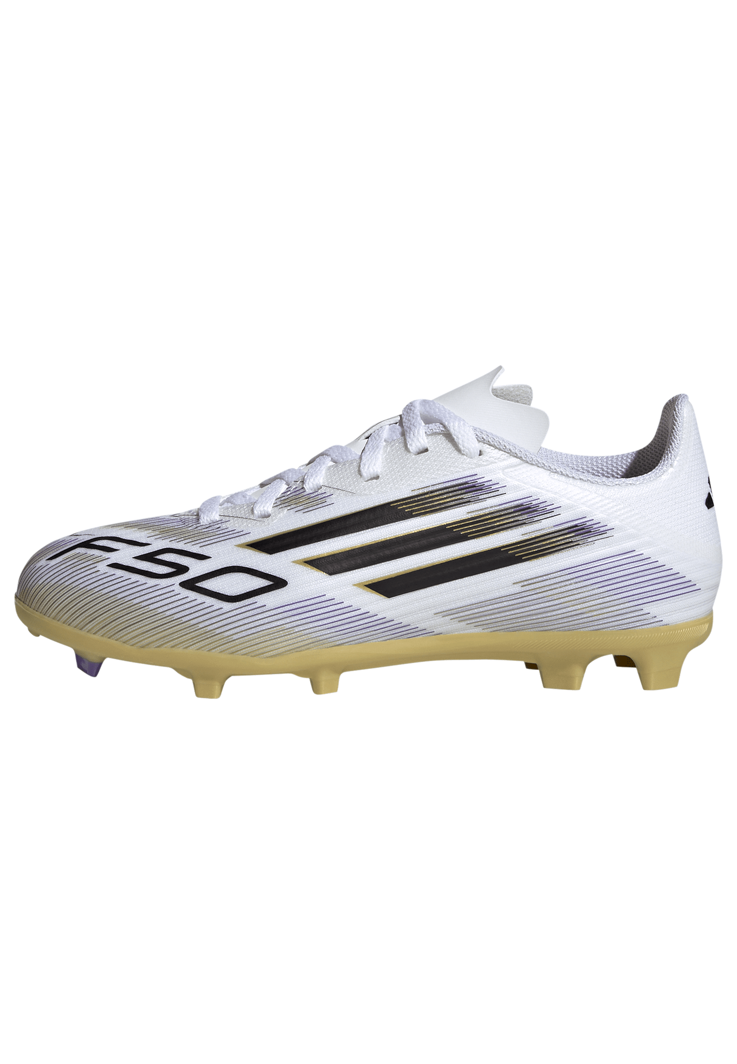 adidas Junior F50 League FG Firm Ground Cleats- Ftwr White/Core Black/Gold Met
