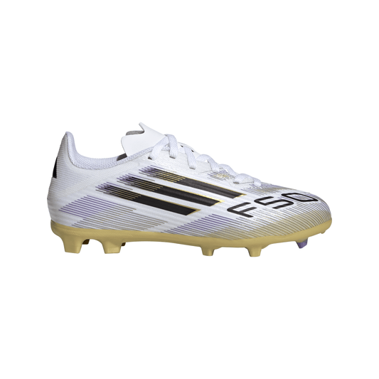 adidas Junior F50 League FG Firm Ground Cleats- Ftwr White/Core Black/Gold Met