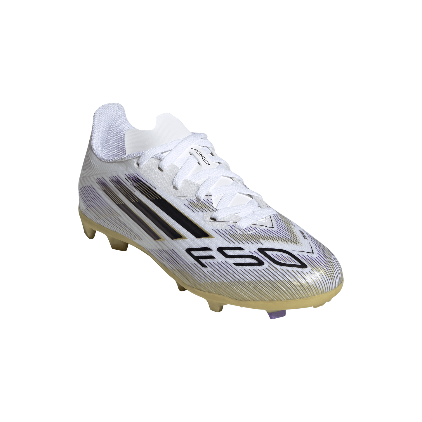 adidas Junior F50 League FG Firm Ground Cleats- Ftwr White/Core Black/Gold Met