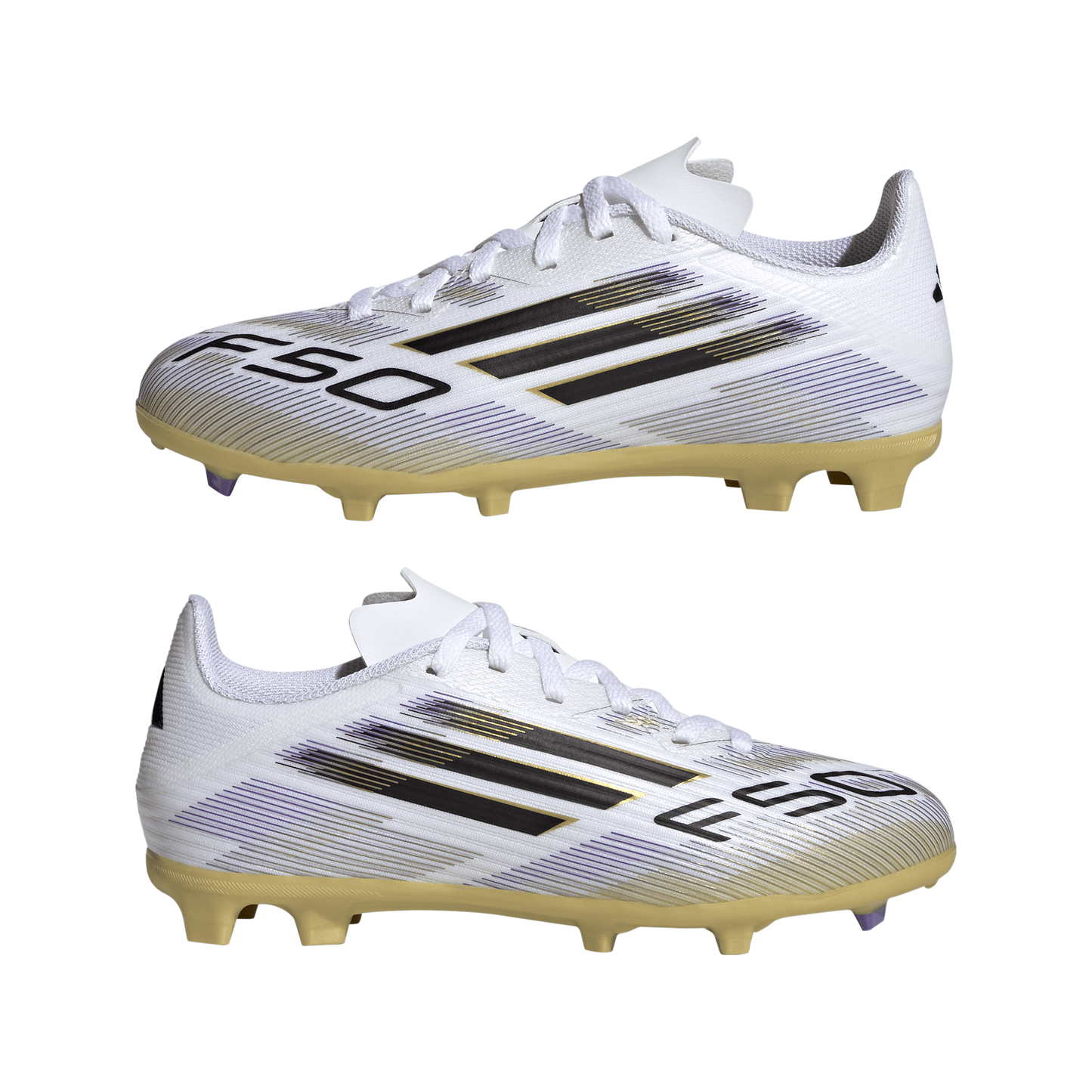 adidas Junior F50 League FG Firm Ground Cleats- Ftwr White/Core Black/Gold Met