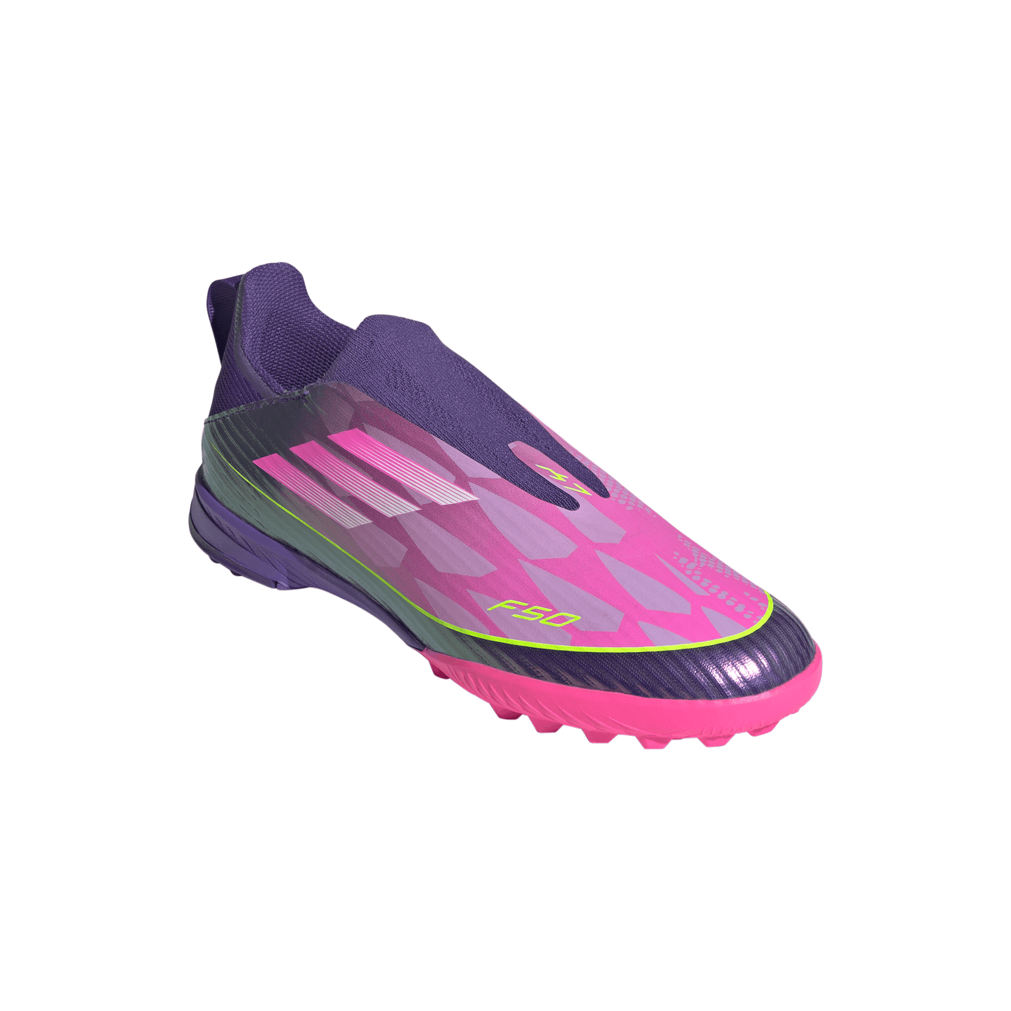 adidas Junior F50 League LY Lamine Yamal TF Turf Soccer Shoes - Purple / Unity purple/ FTwr white/ Lucid Lemon