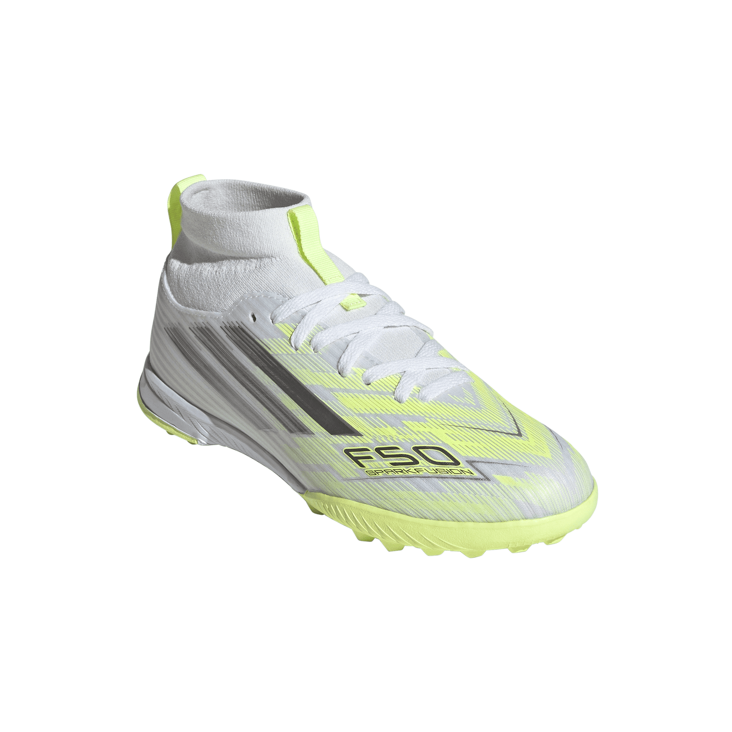 adidas F50 Sparkfusion League TF Kids Turf Soccer Cleat -Cloud White / Iron Metallic / Hi-Res Yellow