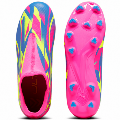 Puma Junior Laceless Ultra Match FG/MG Firm Ground Soccer Shoes - Pink- Yellow Alert - Ultra Blue