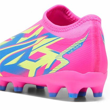 Puma Junior Laceless Ultra Match FG/MG Firm Ground Soccer Shoes - Pink- Yellow Alert - Ultra Blue
